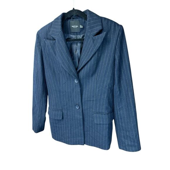 NASTY GAL Collection Pinstripe Oversized Wool Blend Navy Blazer sz 4 US - Picture 6 of 13